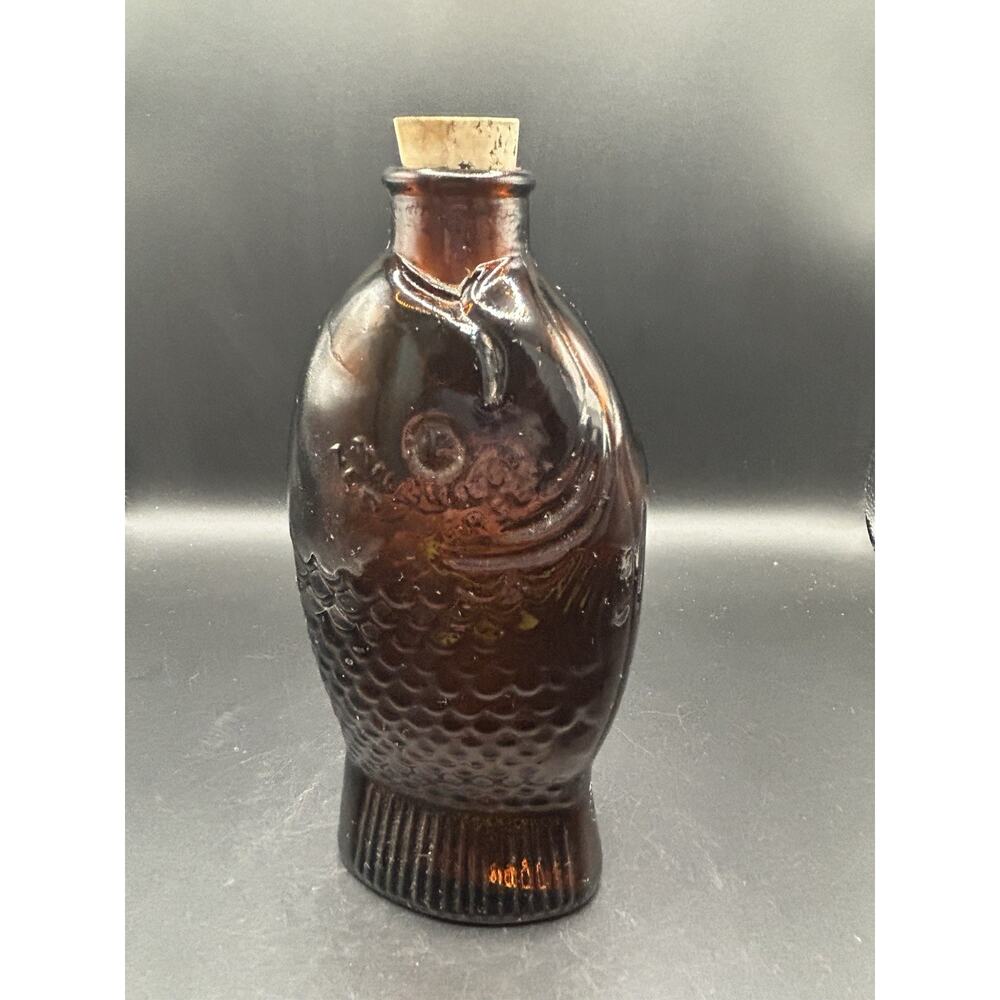Vintage 7.5” Brown Amber Glass Fish Bottle Jar Spice Bitters Container With Cork